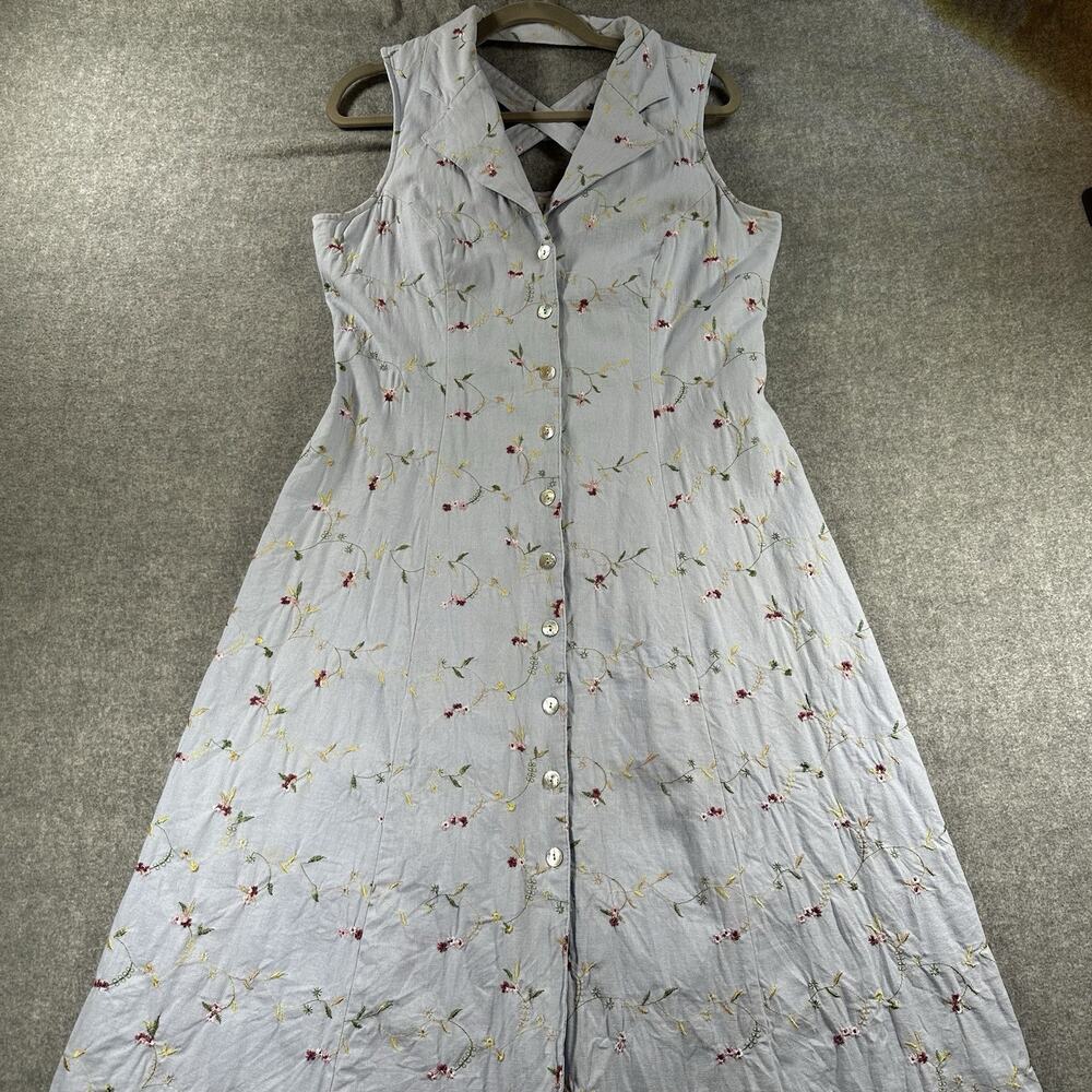 Sheri Martin Linen Blend Button Blue Floral Embroidered Sleeveless Collared 12